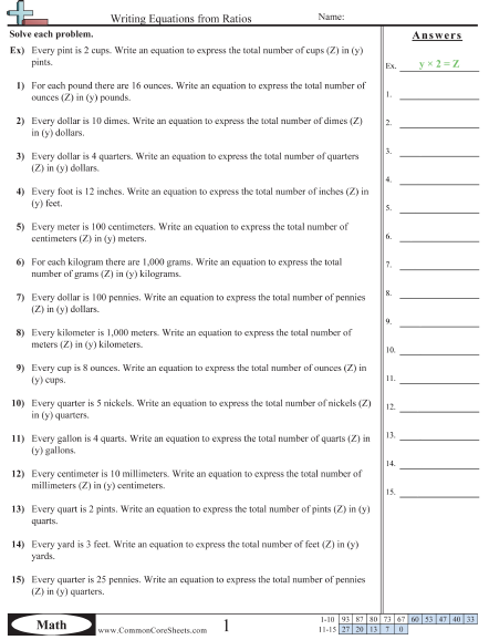Writing Equations from Ratios Worksheet - Writing Equations from Ratios worksheet